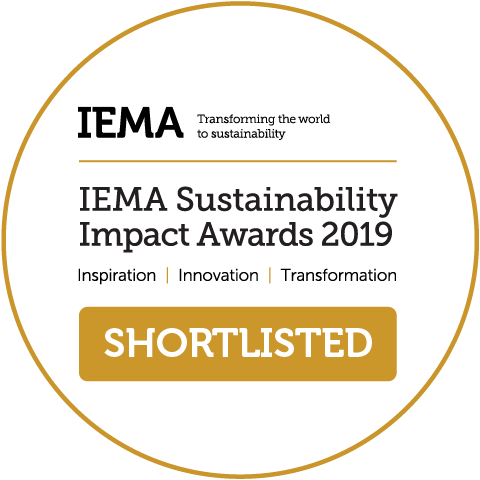 Badge reading 'IEAMA Sustainability Awards 2019 Shortlisted'