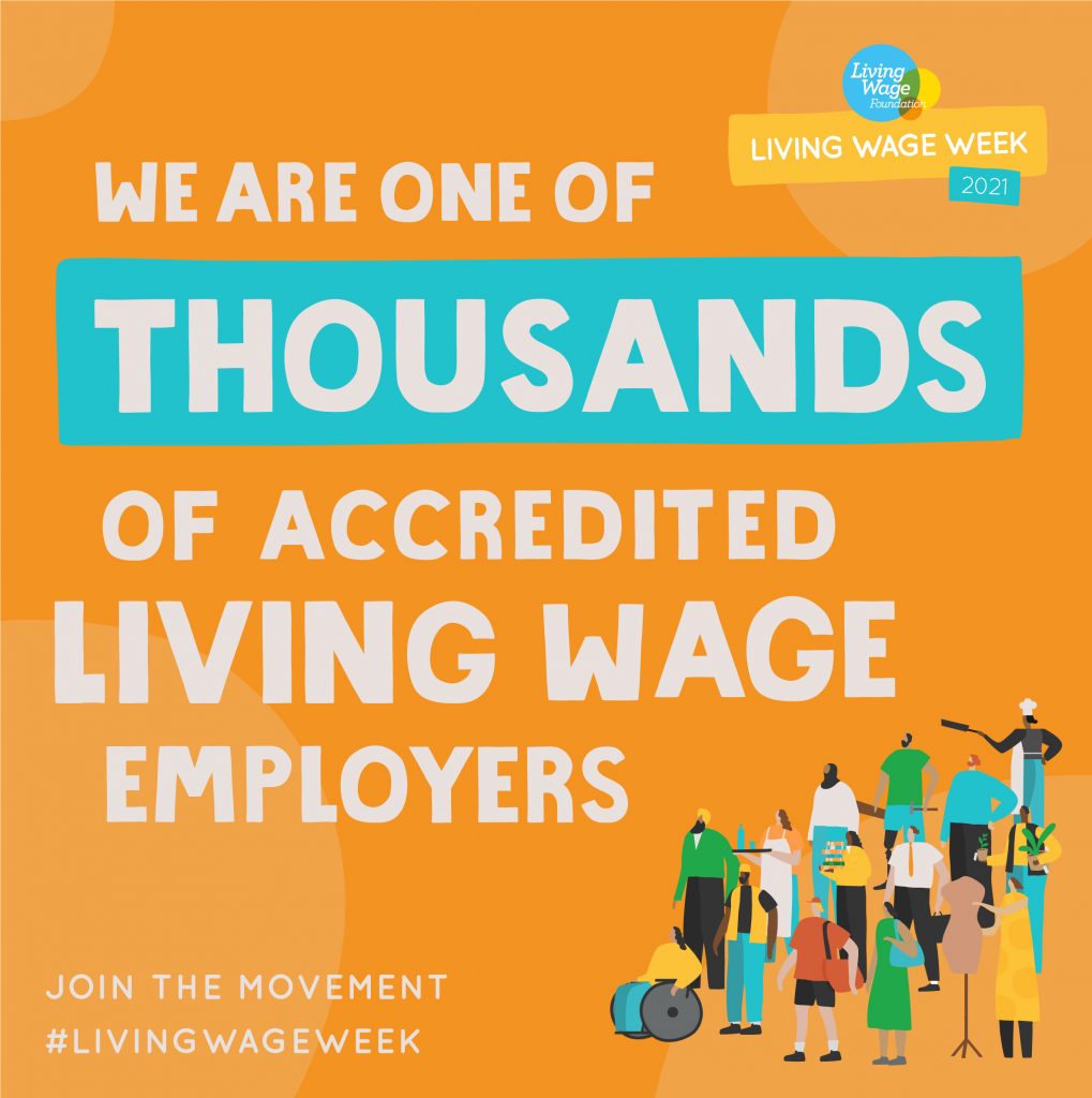 Text reading 'We are one of thousands of accredited living wage employers' on a cheerful orange backgound. There is a diverse crowd of people of various professions in the background, including disabled people and different ethnicities and genders. In the corner, there is a call to action reading 'Join the Movement #LivingWageWeek'