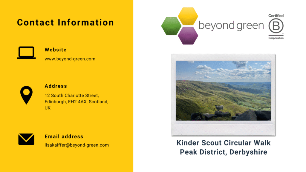 Contact Information: Contact us via lisakaiffer@beyond-green.com 