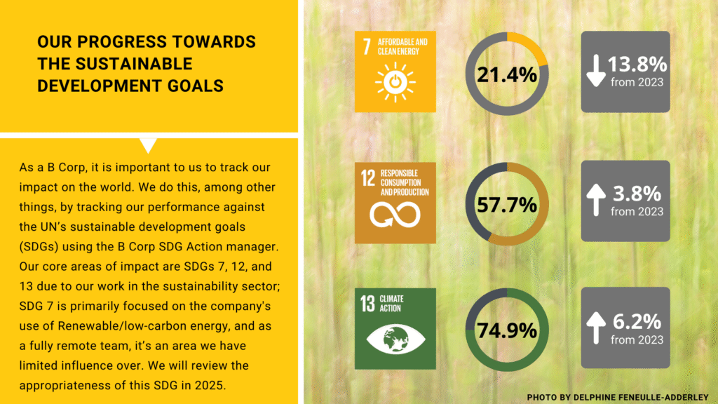 Core Sustainable Development Goals (SDGS): We've mostly continued making progress towards our core SDGs, but as a small business, we have little control over some of our supplier emissions. 