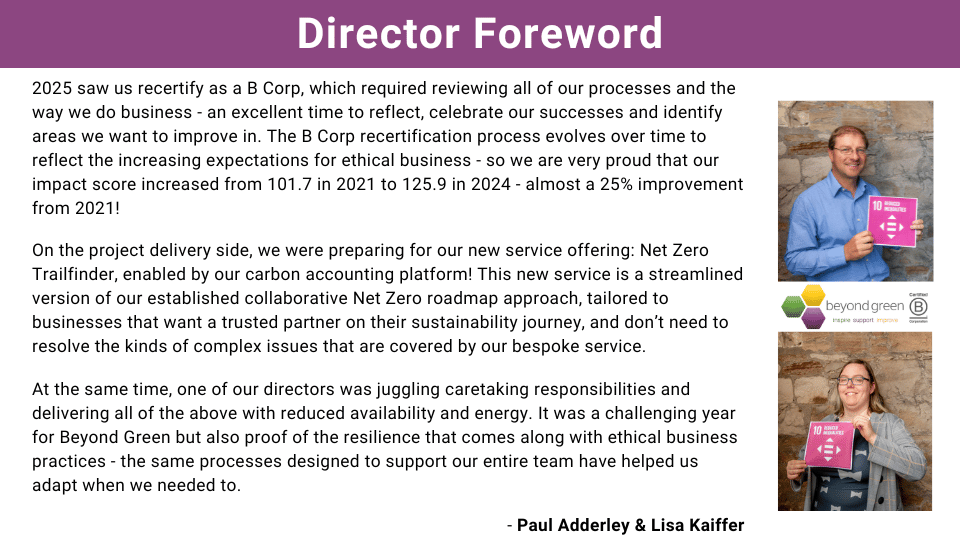 Director Foreword - key changes for us this year have been our recertification as a B Corp with an improved impact score, the launch of our Net Zero Trailfinder service, and navigating challenges as a microbusiness.